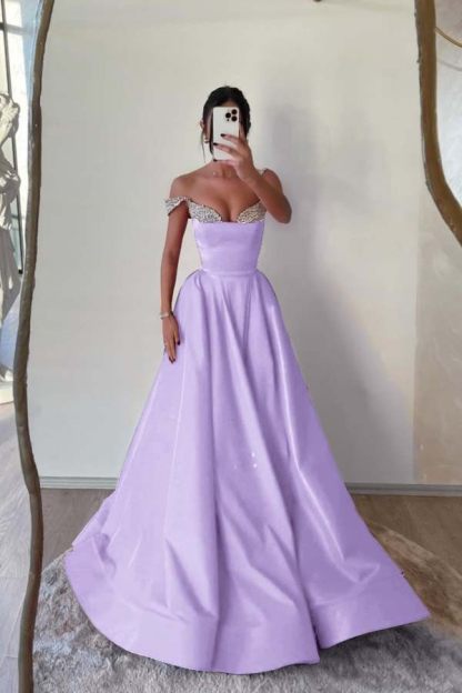 Off the Shoulder Sleeveless Long Prom Dress With Beading Pleated
