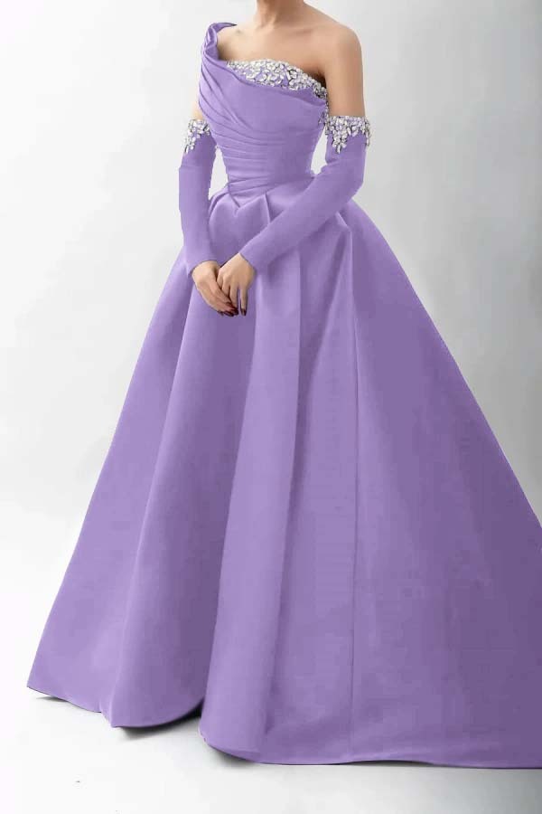 One Shoulder A Line Long Prom Dress With Beading Detachable sleeves