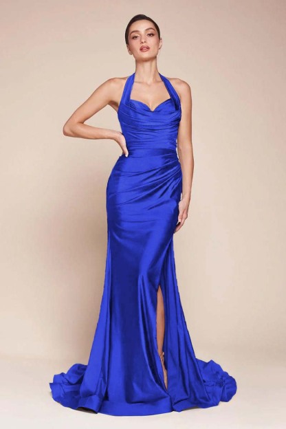 Halter Sleeveless Split Mermaid Long Prom Dress With Pleated