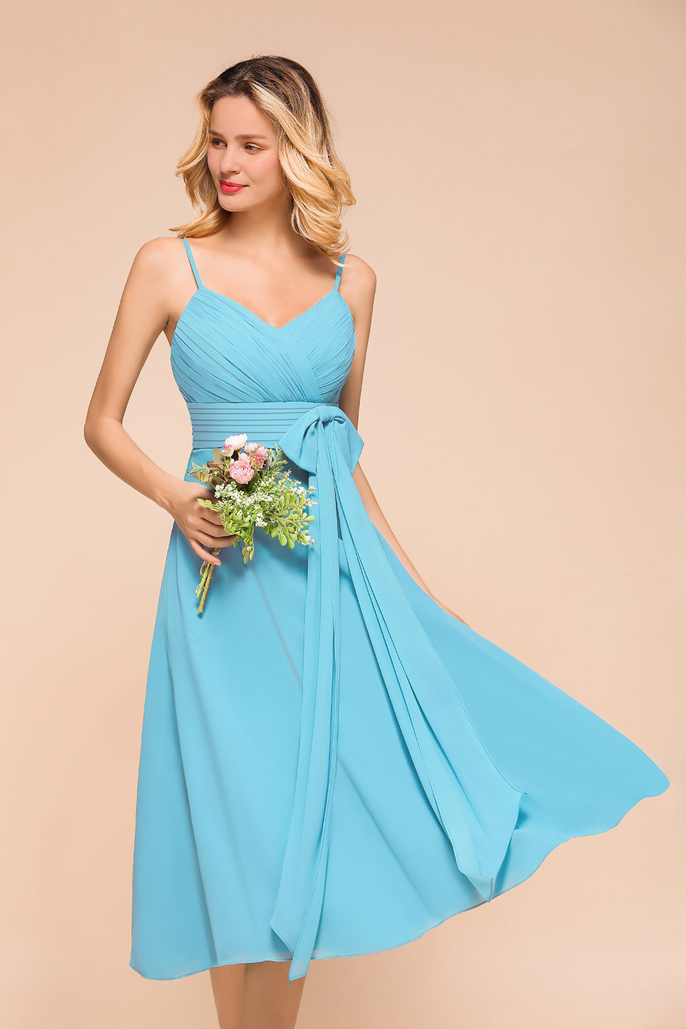 BMbridal Affordable Spaghetti Straps Blue Chiffon Bridesmaid Dress with Ruffle-BMbridal