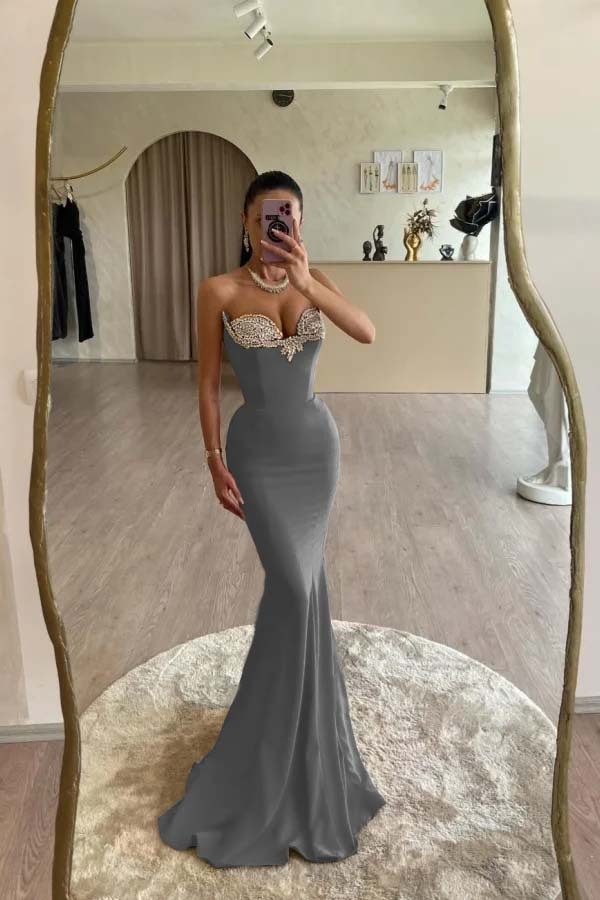 Strapless Sleeveless Long Mermaid Prom Dress With Beading Pleated