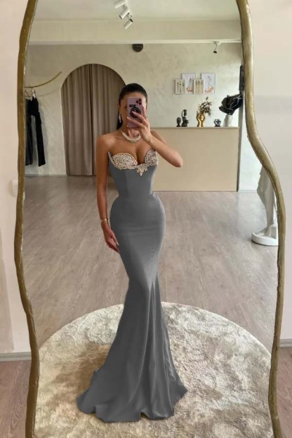 Strapless Sleeveless Long Mermaid Prom Dress With Beading Pleated