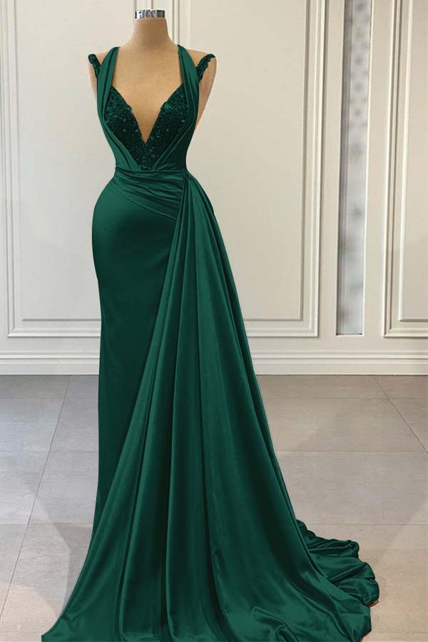 Halter V Neck Sleeveless Long Prom Dress With Beading Pleated