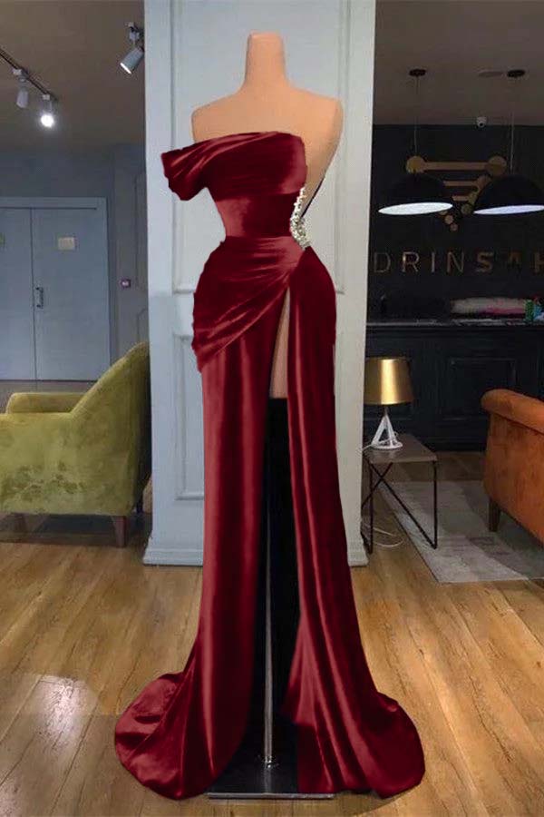 Royal Blue Velvet Sleeveless Strapless Long Split Mermaid Prom Dress With Beading