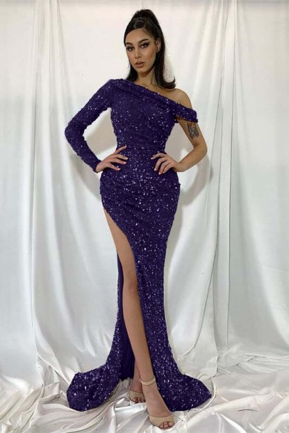 Sequins Mermaid Red One Shoulder Long Sleeve Long Prom Dress With Split