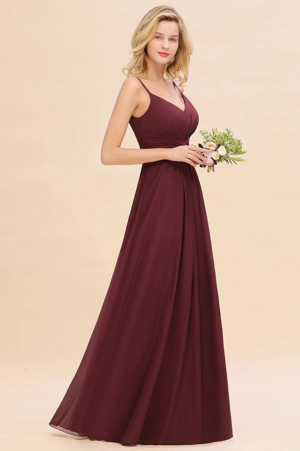 BMbridal Modest Ruffle Spaghetti Straps Backless Burgundy Bridesmaid Dresses Affordable-BMbridal
