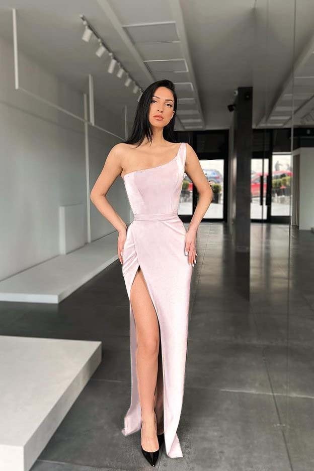 Mermaid One Shoulder Sleeveless Black Pleated Prom Dress With High Split