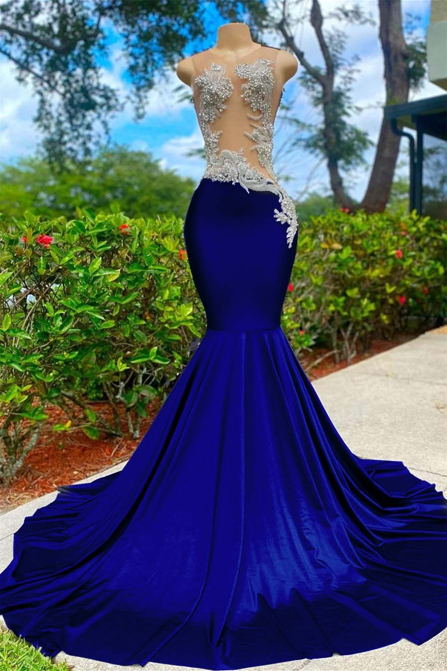 Shining Sleeveless V Neck Mermaid Long Prom Dress With Appliques