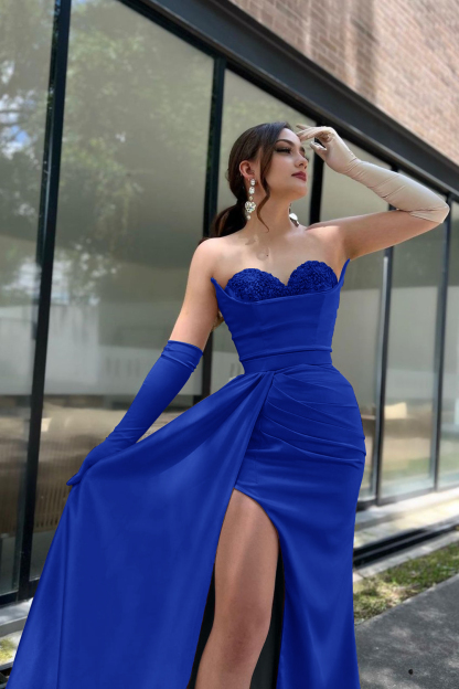 Prom Dress Sleeves Champagne Sweetheart High Slit With Gloves