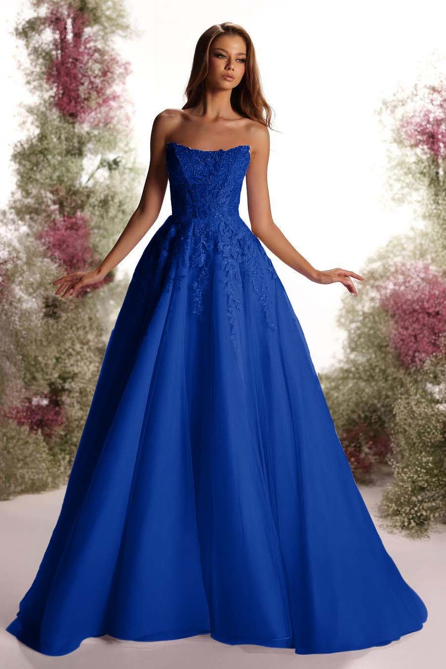 Tulle Strapless Sleeveless Long A Line Prom Dress With Appliques