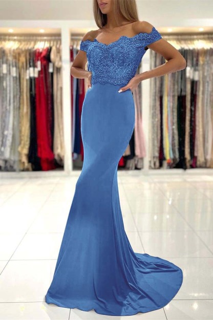 Mermaid Off the Shoulder Sleeveless Prom Dress Long With Lace Appliques