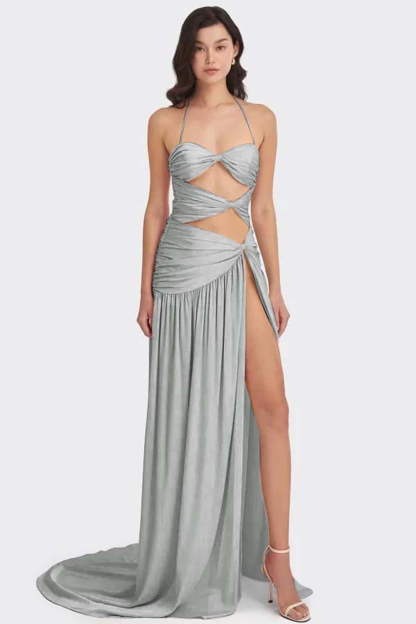 Chic Sleeveless Halter Long High Split Prom Dress With Pleated