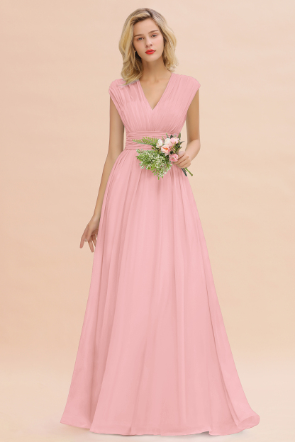 BMbridal Elegant Chiffon V-Neck Ruffle Long Bridesmaid Dresses Affordable-BMbridal
