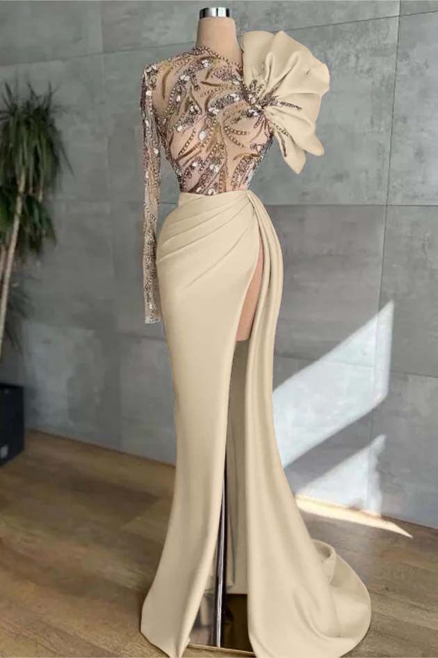 Long Sleeves Long Mermaid Prom Dress With High Split Appliques