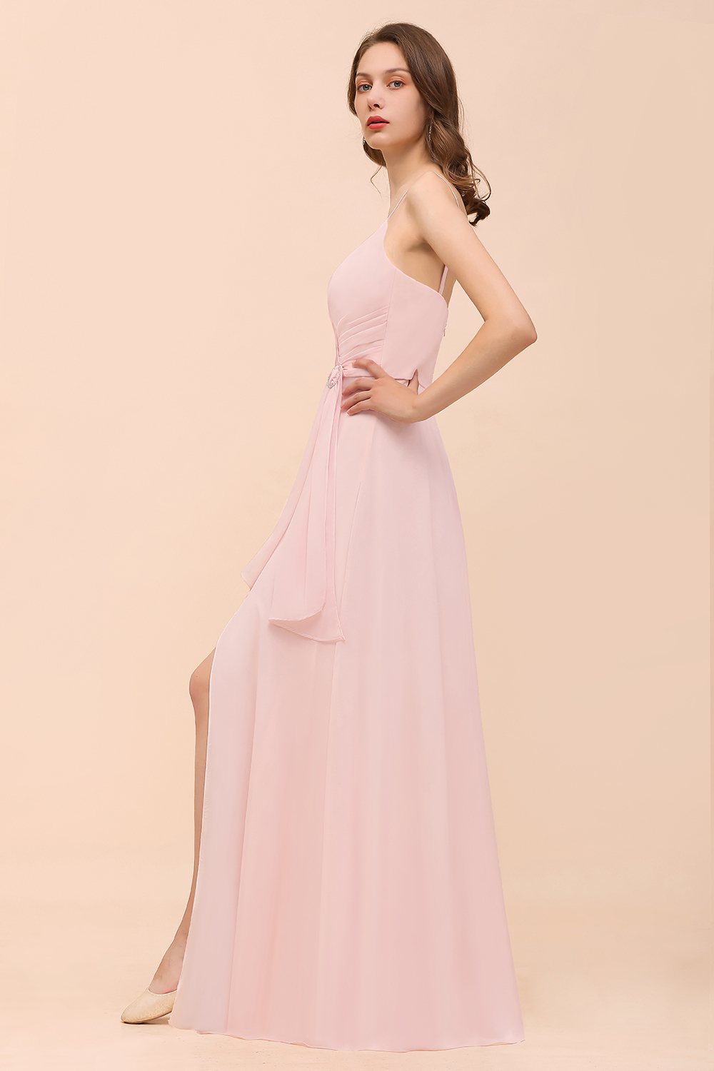 BMbridal Affordable Blushing Pink Spaghetti Straps Ruffle Bridesmaid Dress-BMbridal
