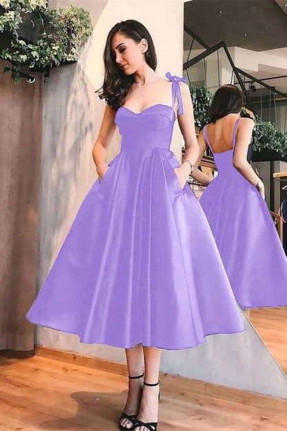 Sweetheart Black A Line Spaghetti Strap Tea Length Evening Dress With Pockets