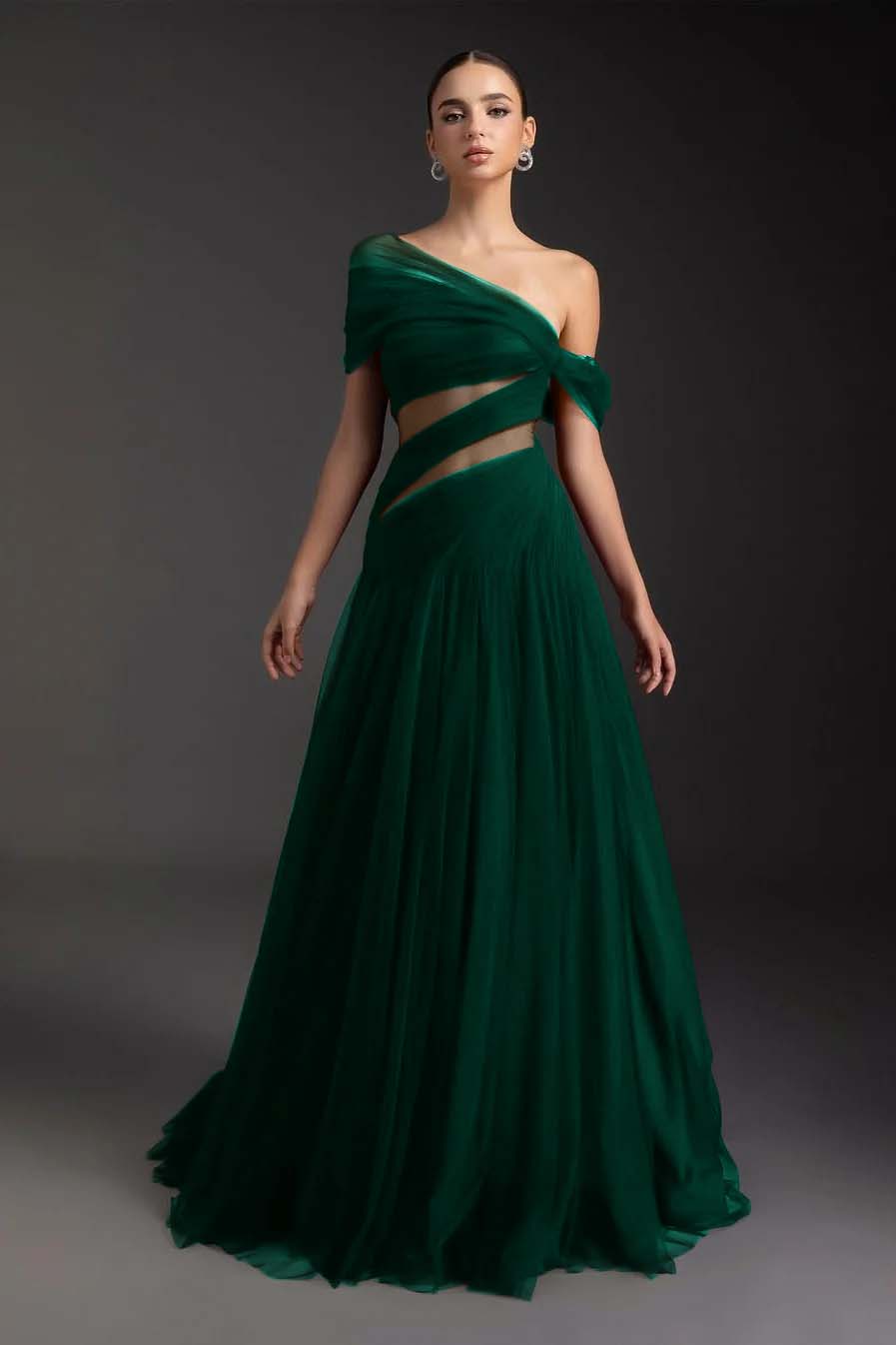 Glamorous Tulle One Shoulder Sleeveless Long Prom Dress With Pleated