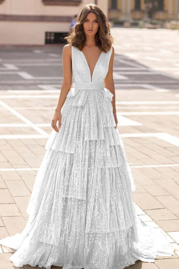 Tulle Straps V Neck Sleeveless Long Prom Dress With Sequin Pleated