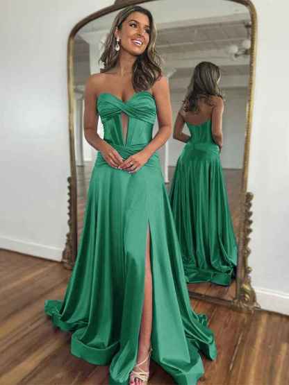 Navy Mermaid Strapless Corset Bodice Prom Dress with Slit