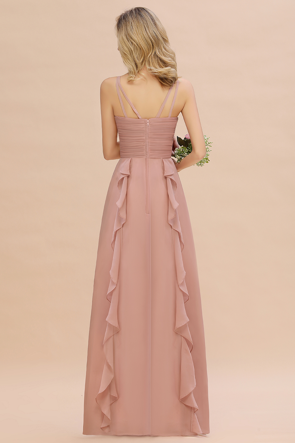 BMbridal Chiffon Long Sleeveless Bridesmaid Dress with Cascading Ruffles-BMbridal