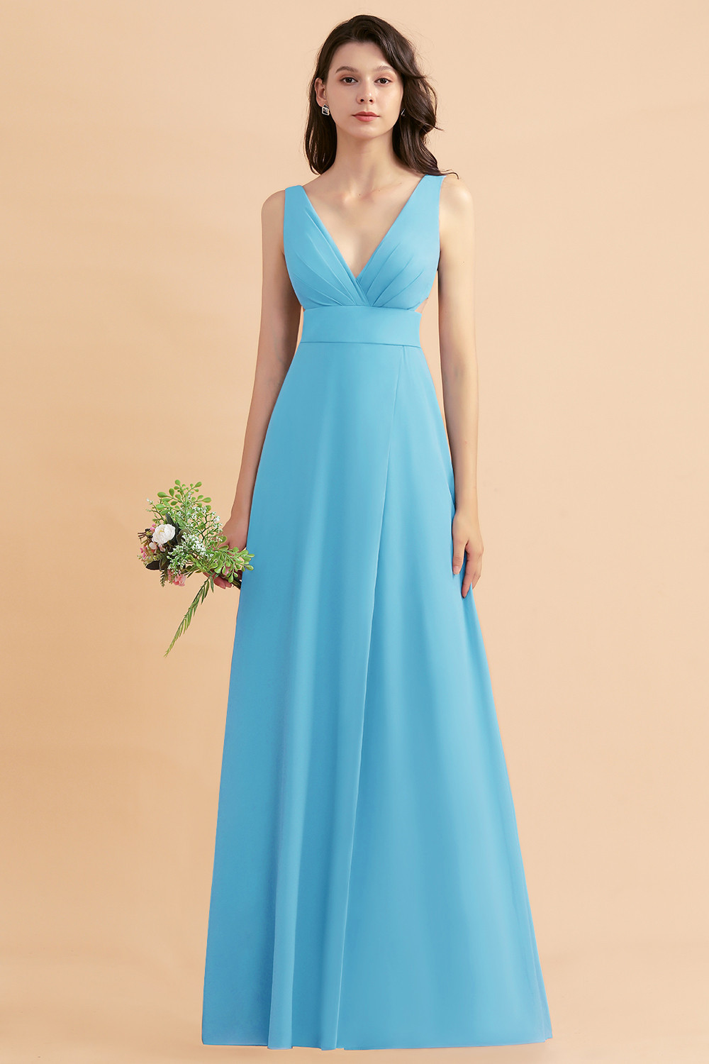 BMbridal A-Line Dusty Blue Chiffon Ruffles Bridesmaid Dress with Slit-BMbridal