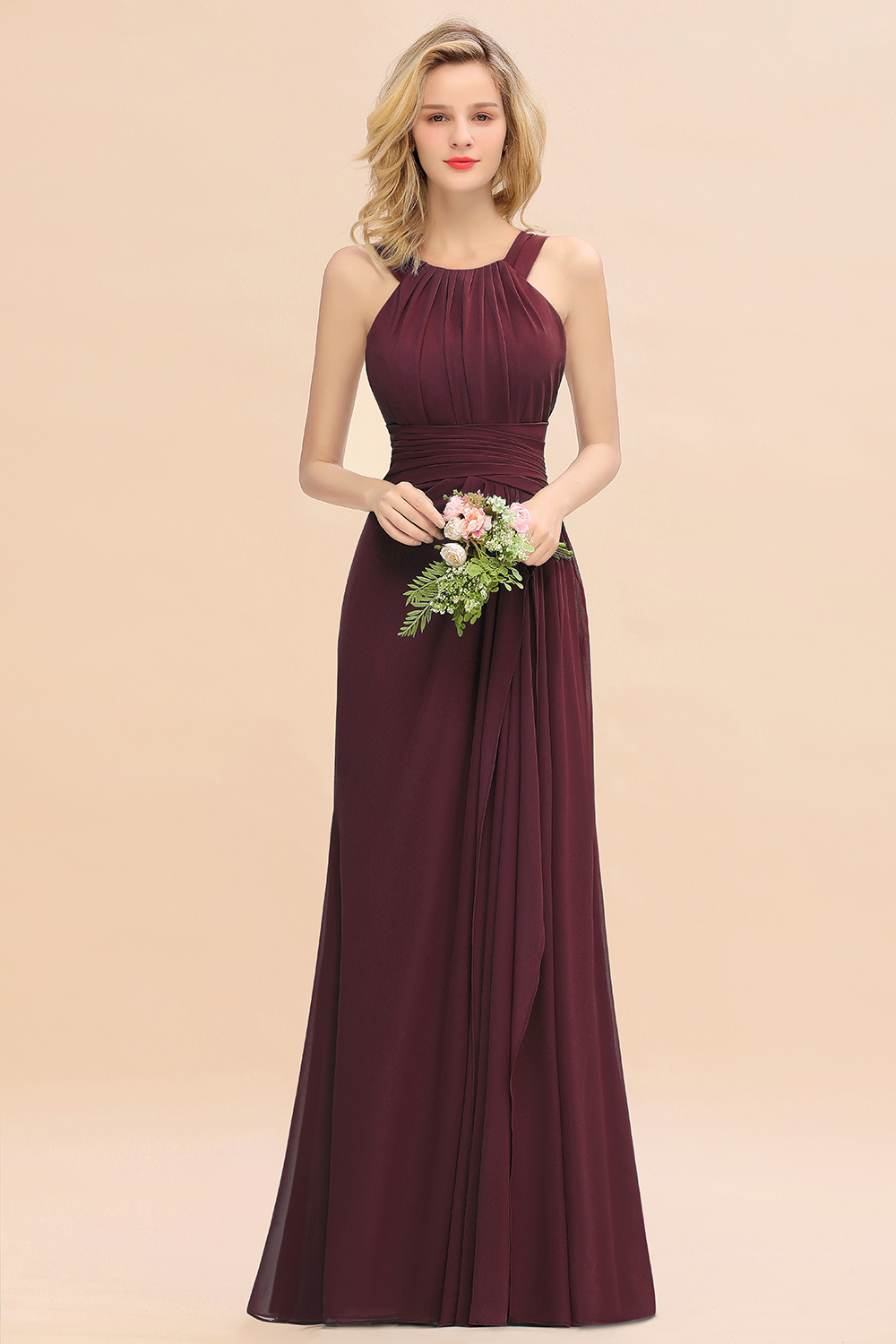 BMbridal Elegant Round Neck Sleeveless Bridesmaid Dress with Ruffles-BMbridal