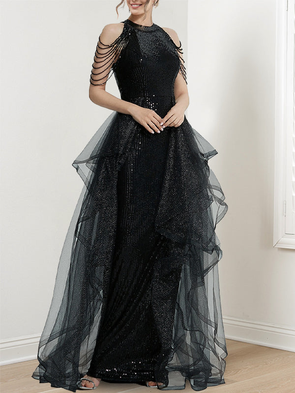 Long Halter Prom Dresses With Ruffles and Sequins in A-Line/Princess Style