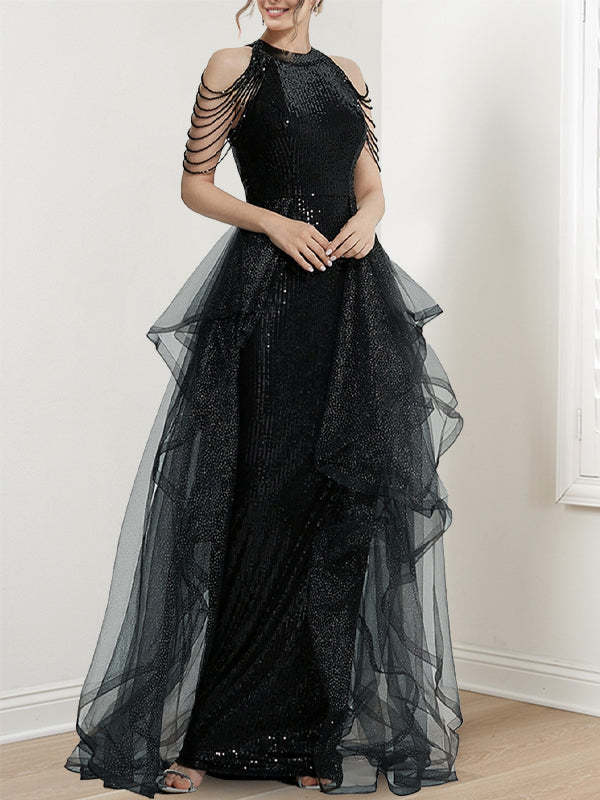 Long Halter Prom Dresses With Ruffles and Sequins in A-Line/Princess Style