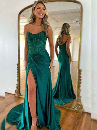 Green Mermaid Strapless Corset Beaded Prom Dress with Slit
