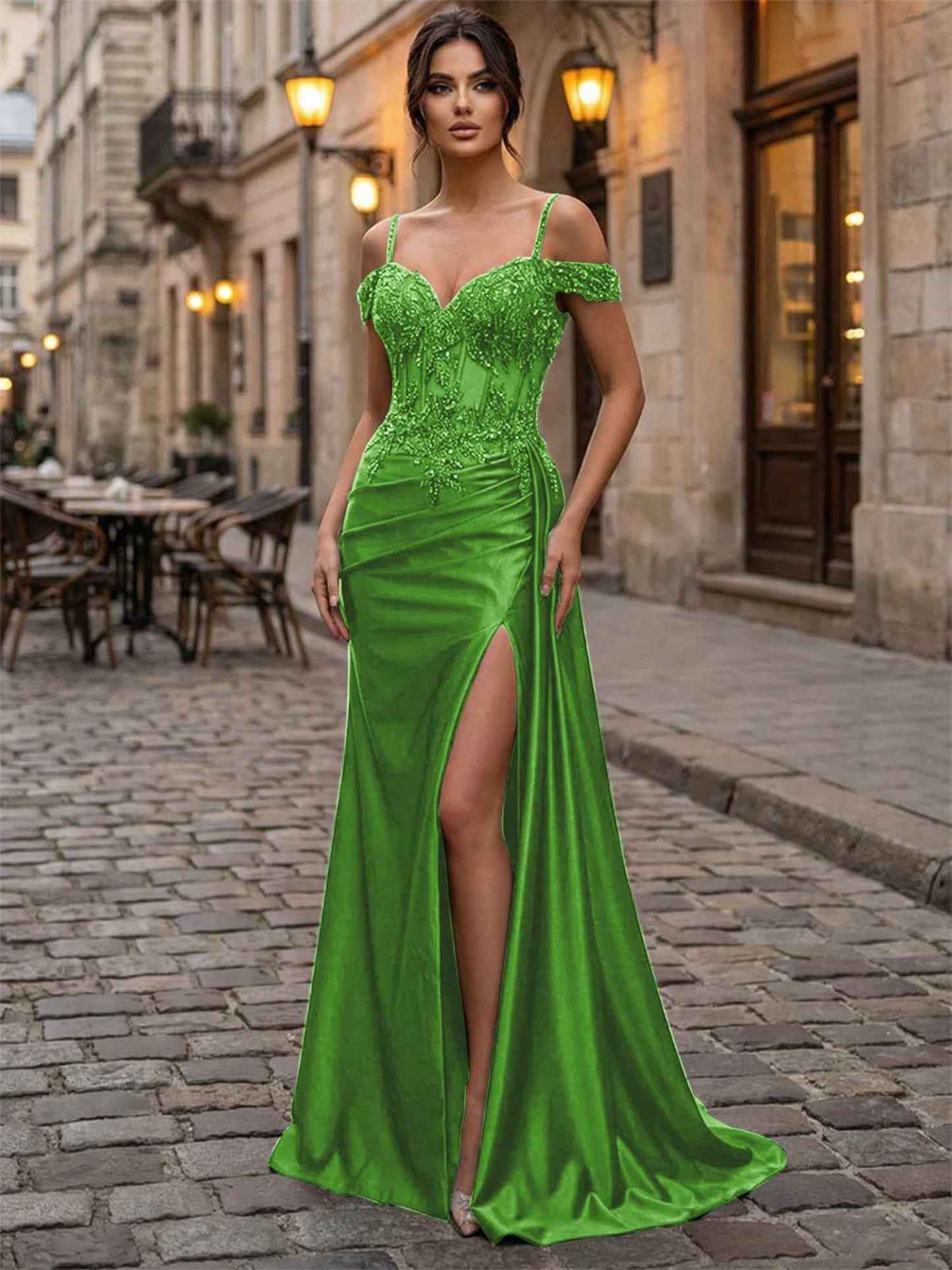 Emerald Green Beaded Corset Satin Long Prom Dress