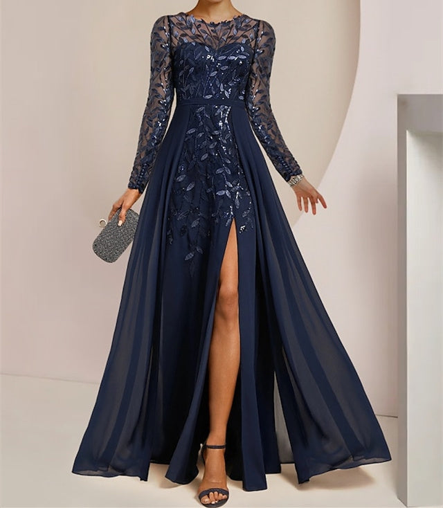 Floor-Length Mother of the Bride A-Line Dress with Scoop Neck Long Sleeves Side Split Ruffles and Sequins-BMbridal.UK