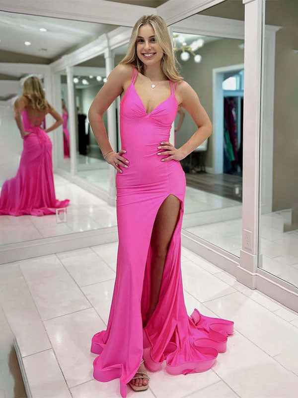 Hot Pink MermaidV-Neck Open Back Prom Dress with Slit