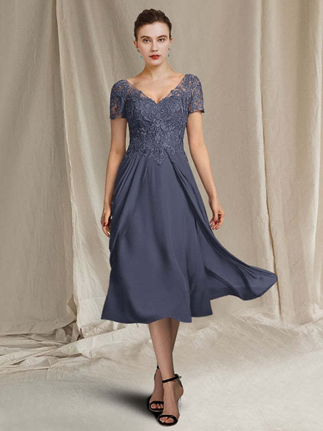 V-Neck A-Line Princess Tea-Length Dresses for the Mother of the Bride