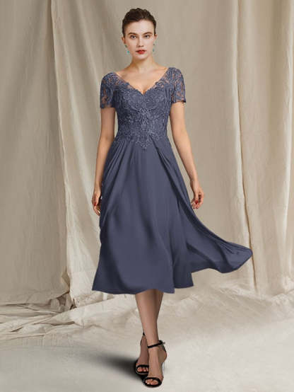 V-Neck A-Line Princess Tea-Length Dresses for the Mother of the Bride