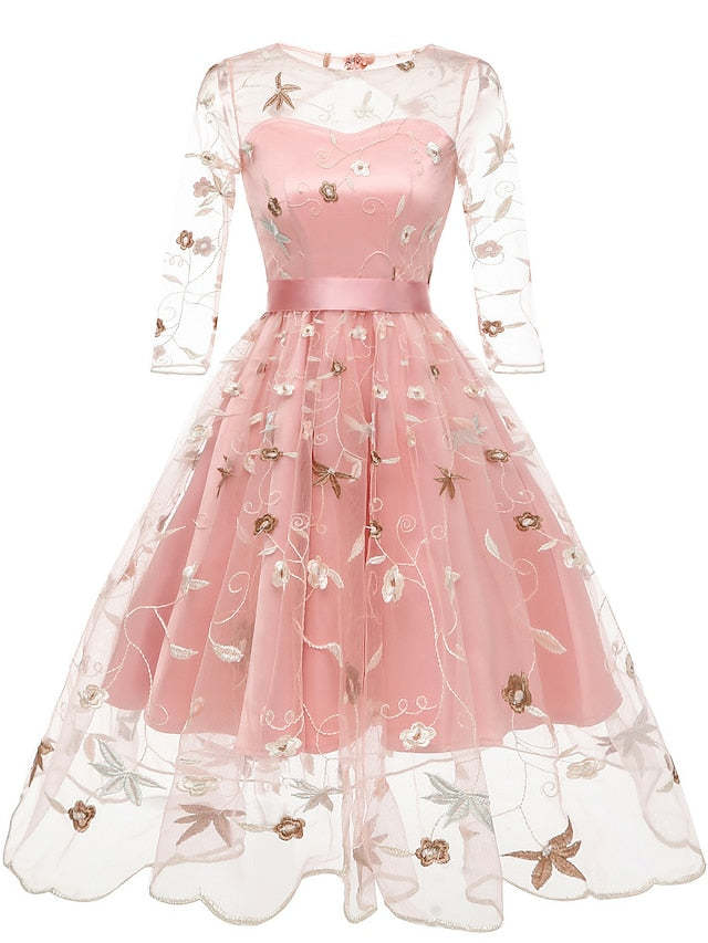 Knee-length A-line princess party dress with off-the-shoulder sleeves and embroidery appliques