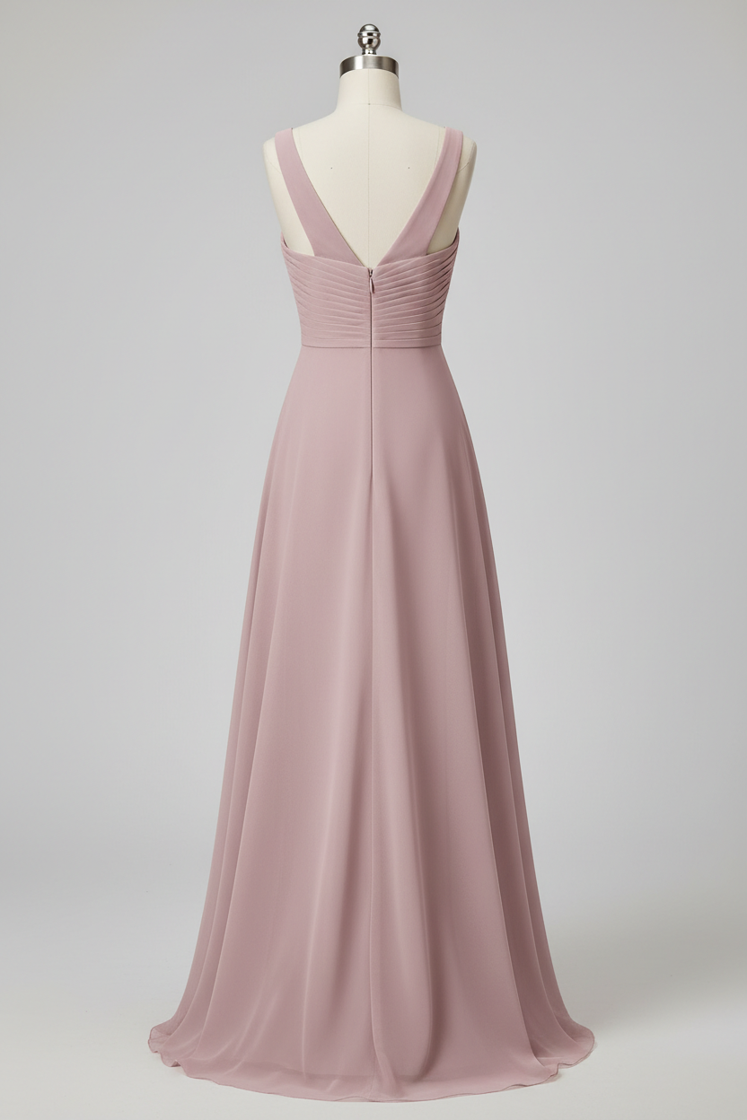 Dusty rose chiffon pleated V-neck A-line bridesmaid dress - back view