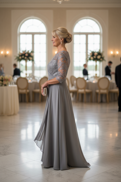 Mother wearing gray lace illusion 3/4 sleeve A-line dress - side