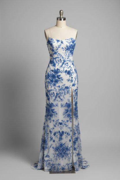 White mermaid prom dress with blue lace - front view