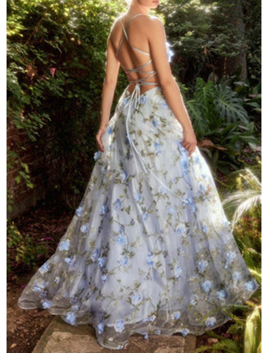 Long Spaghetti Strap A-Line Prom Dress with Floral Details