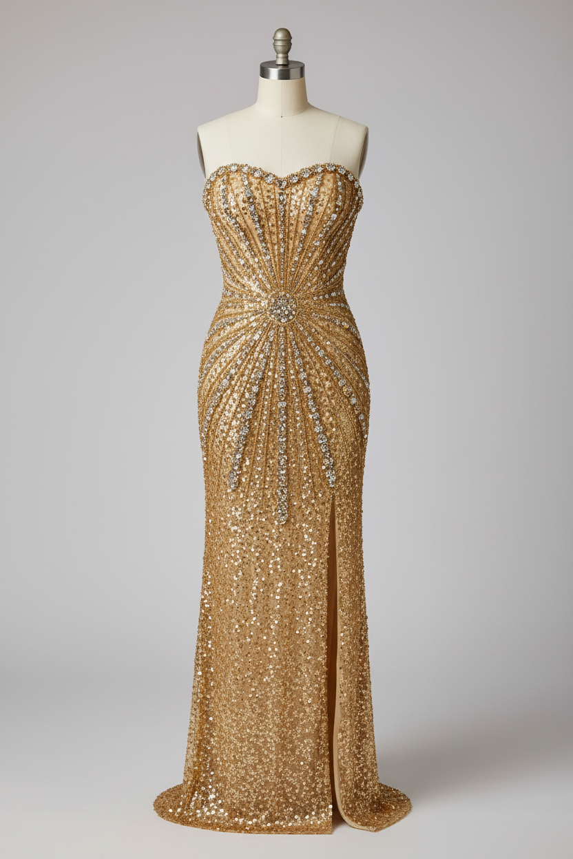 Gold fully beaded sunburst fitted evening gown - front view
