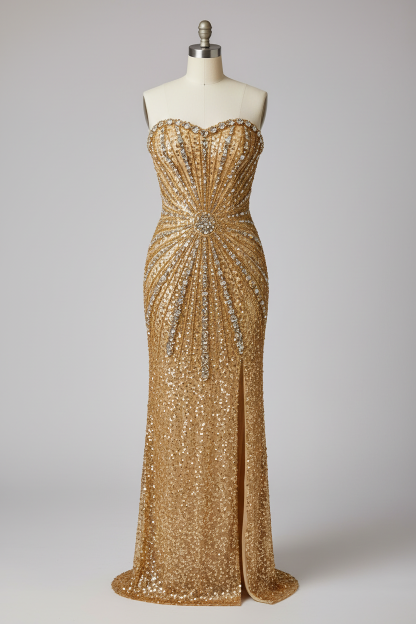 Gold fully beaded sunburst fitted evening gown - front view