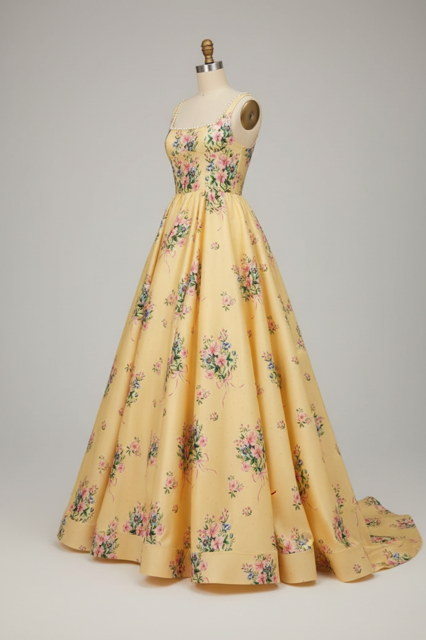 Yellow floral embroidered ball gown - side view