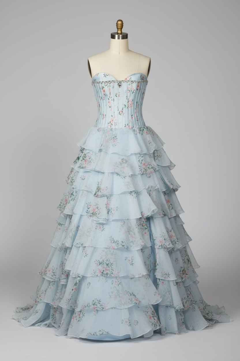 Light blue floral print tiered ball gown - front view