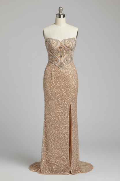 Champagne gold art deco beaded evening gown - front view