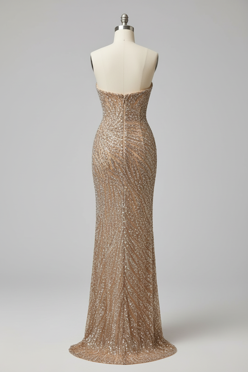 Champagne gold ruched beaded evening gown - back view
