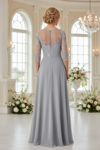 Mother wearing gray lace illusion 3/4 sleeve A-line dress - back