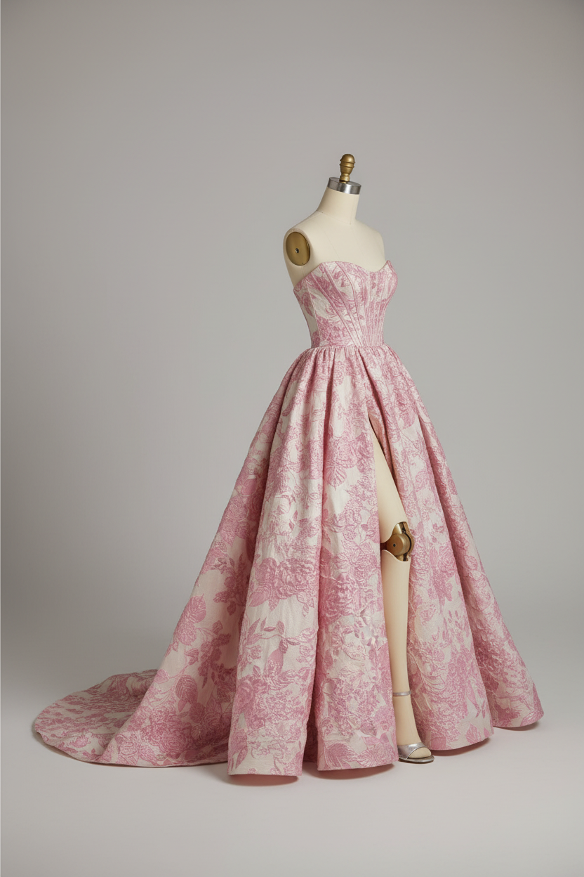 Pink floral embroidered ball gown - alternate side view