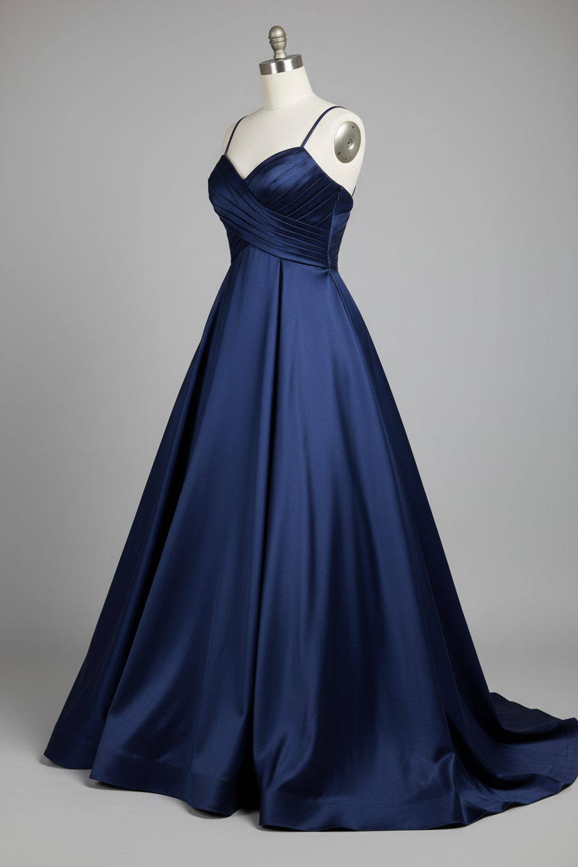 Navy blue satin sweetheart crisscross high slit A-line bridesmaid dress - side view