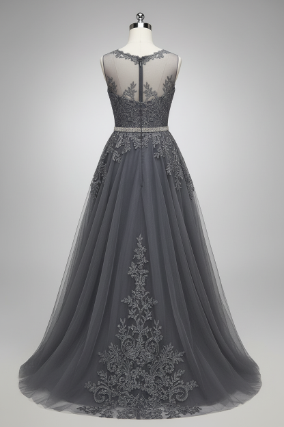 Elegant illusion neckline A-line evening dress - back view with zipper detail on mannequin