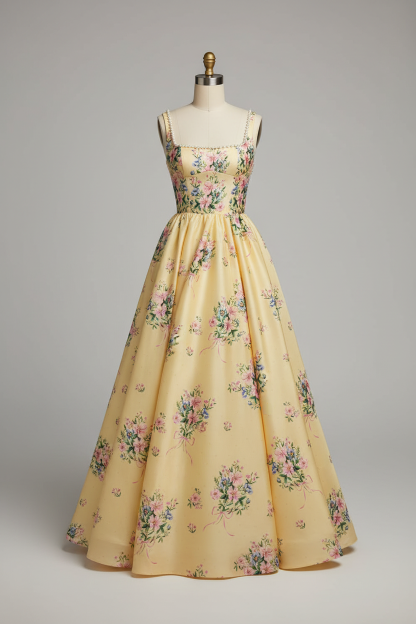 Yellow floral embroidered ball gown with pearl neckline - front view
